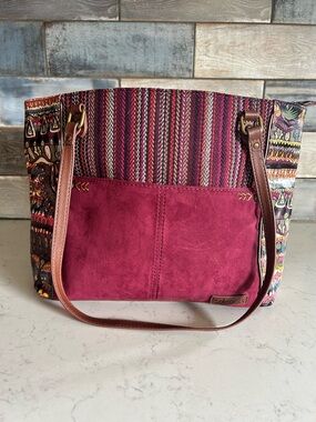 Sakroots Metro Tote Burgundy Faux Suede & Multicolor Pattern Shoulder Bag
